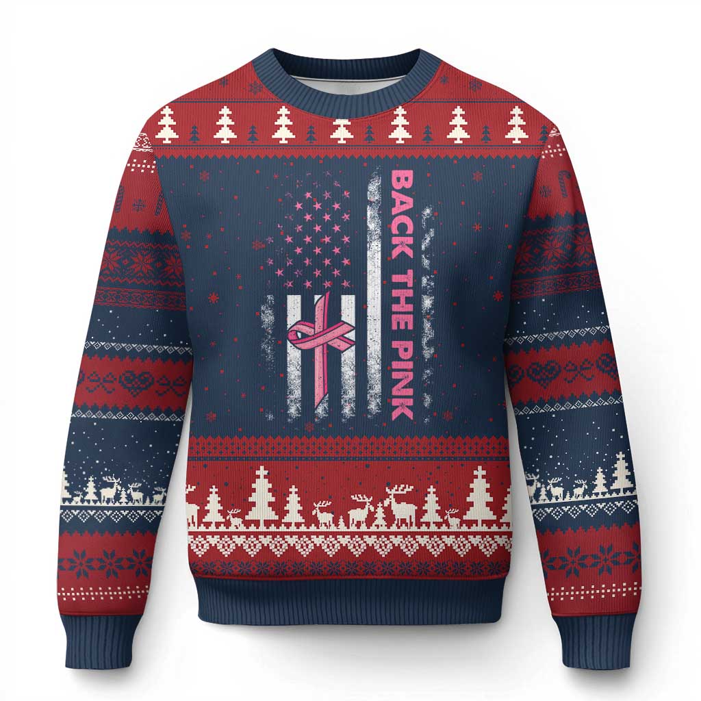 Breast Cancer Awareness Ugly Christmas Sweater Back The Pink Warrior American Flag - Wonder Print Shop