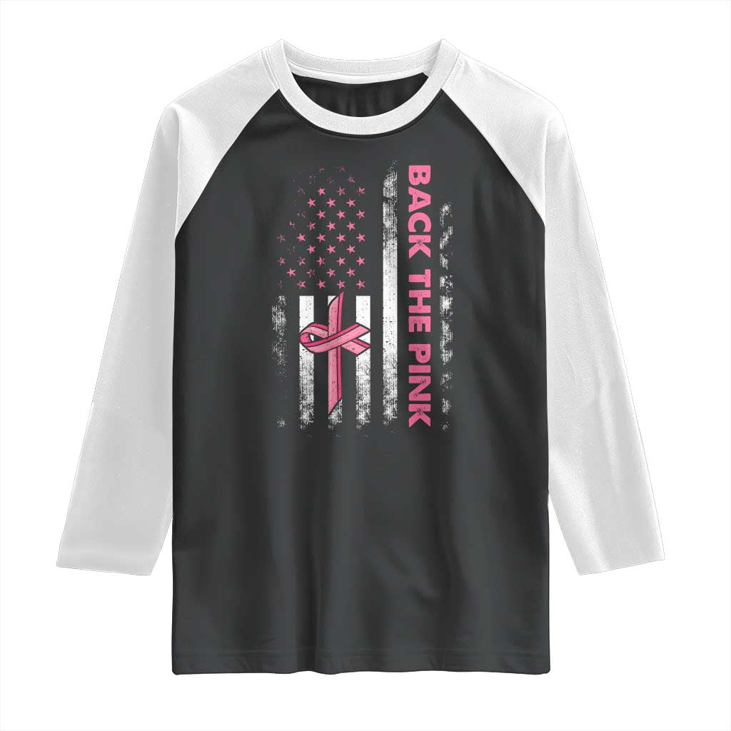Breast Cancer Awareness Raglan Shirt Back The Pink Warrior American Flag - Wonder Print Shop