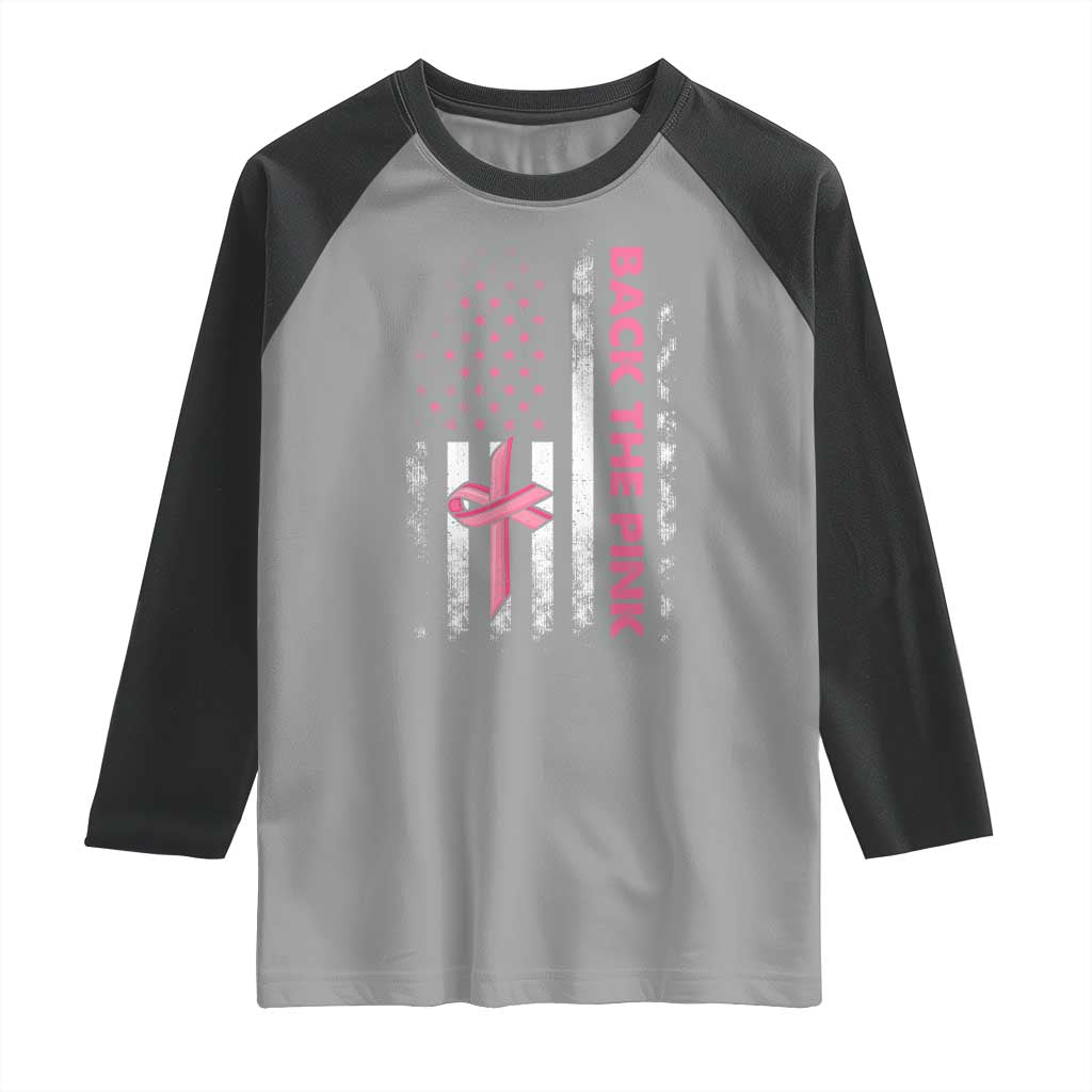 Breast Cancer Awareness Raglan Shirt Back The Pink Warrior American Flag - Wonder Print Shop