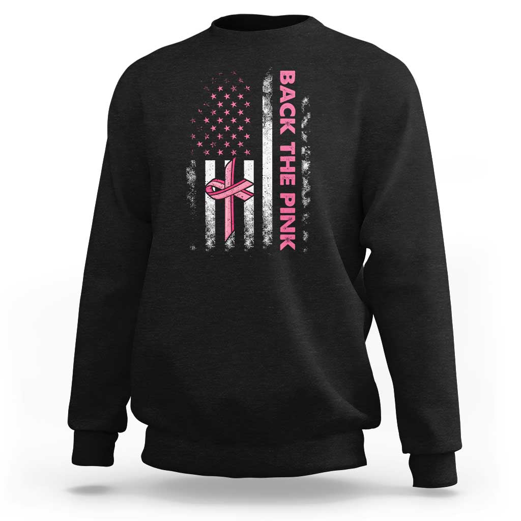Breast Cancer Awareness Sweatshirt Back The Pink Warrior American Flag - Wonder Print Shop