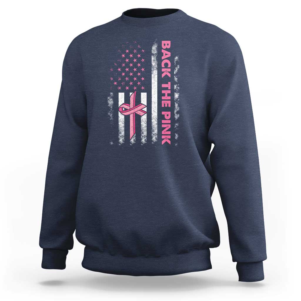Breast Cancer Awareness Sweatshirt Back The Pink Warrior American Flag - Wonder Print Shop