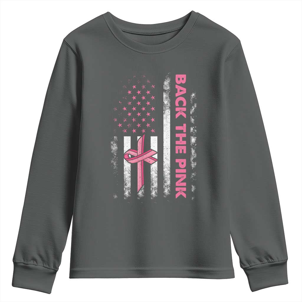 Breast Cancer Awareness Youth Sweatshirt Back The Pink Warrior American Flag - Wonder Print Shop
