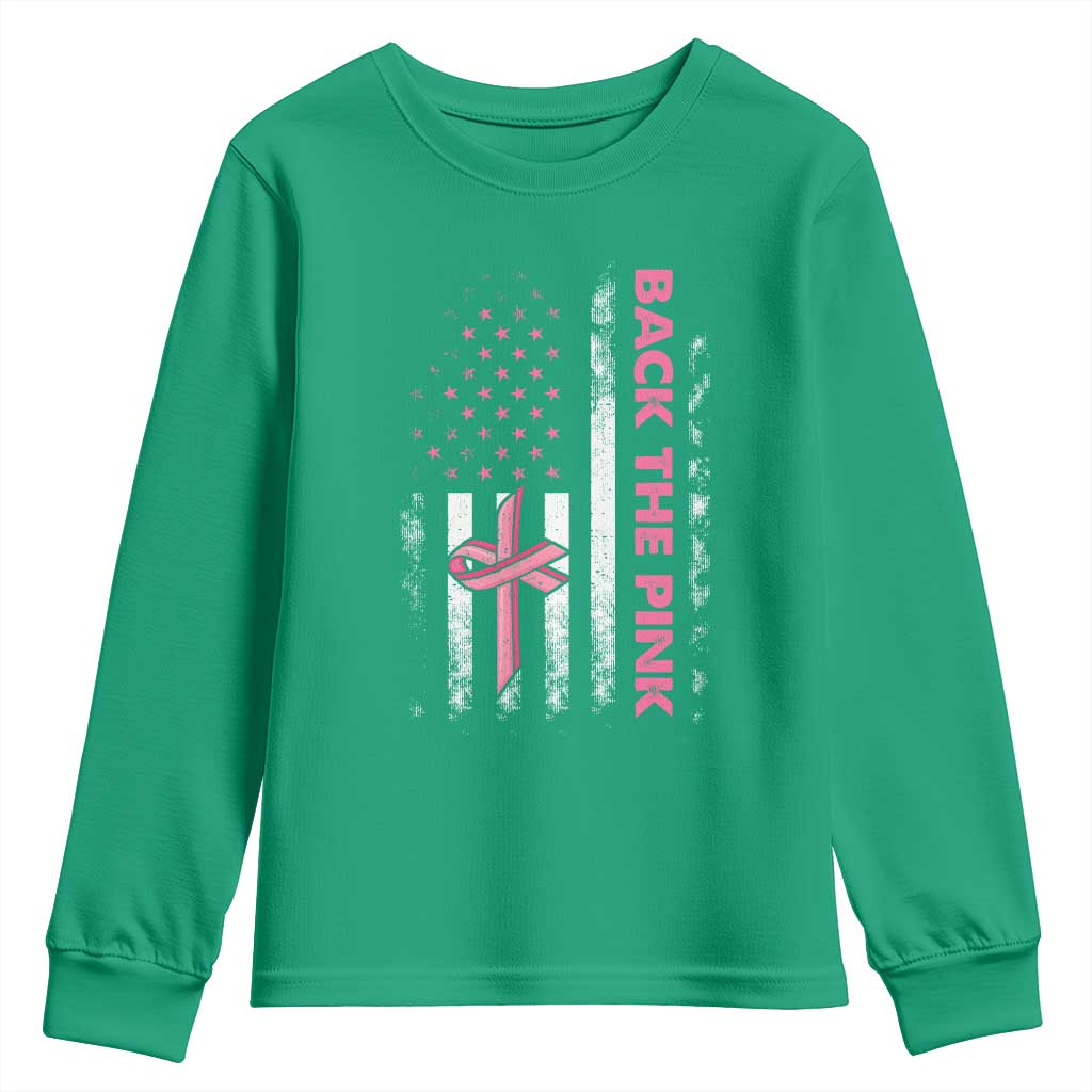 Breast Cancer Awareness Youth Sweatshirt Back The Pink Warrior American Flag - Wonder Print Shop