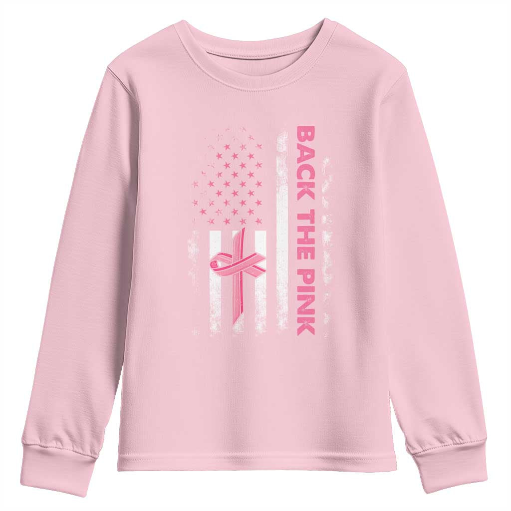 Breast Cancer Awareness Youth Sweatshirt Back The Pink Warrior American Flag - Wonder Print Shop