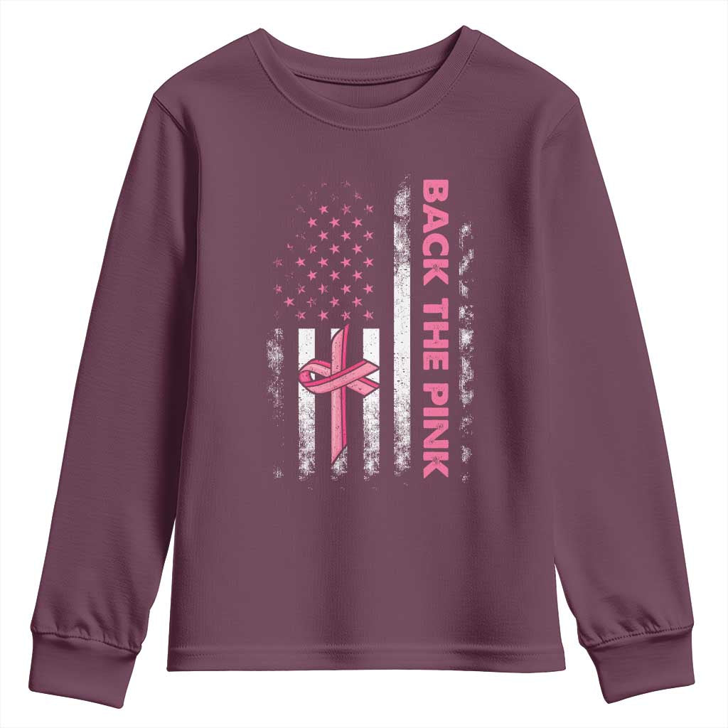 Breast Cancer Awareness Youth Sweatshirt Back The Pink Warrior American Flag - Wonder Print Shop