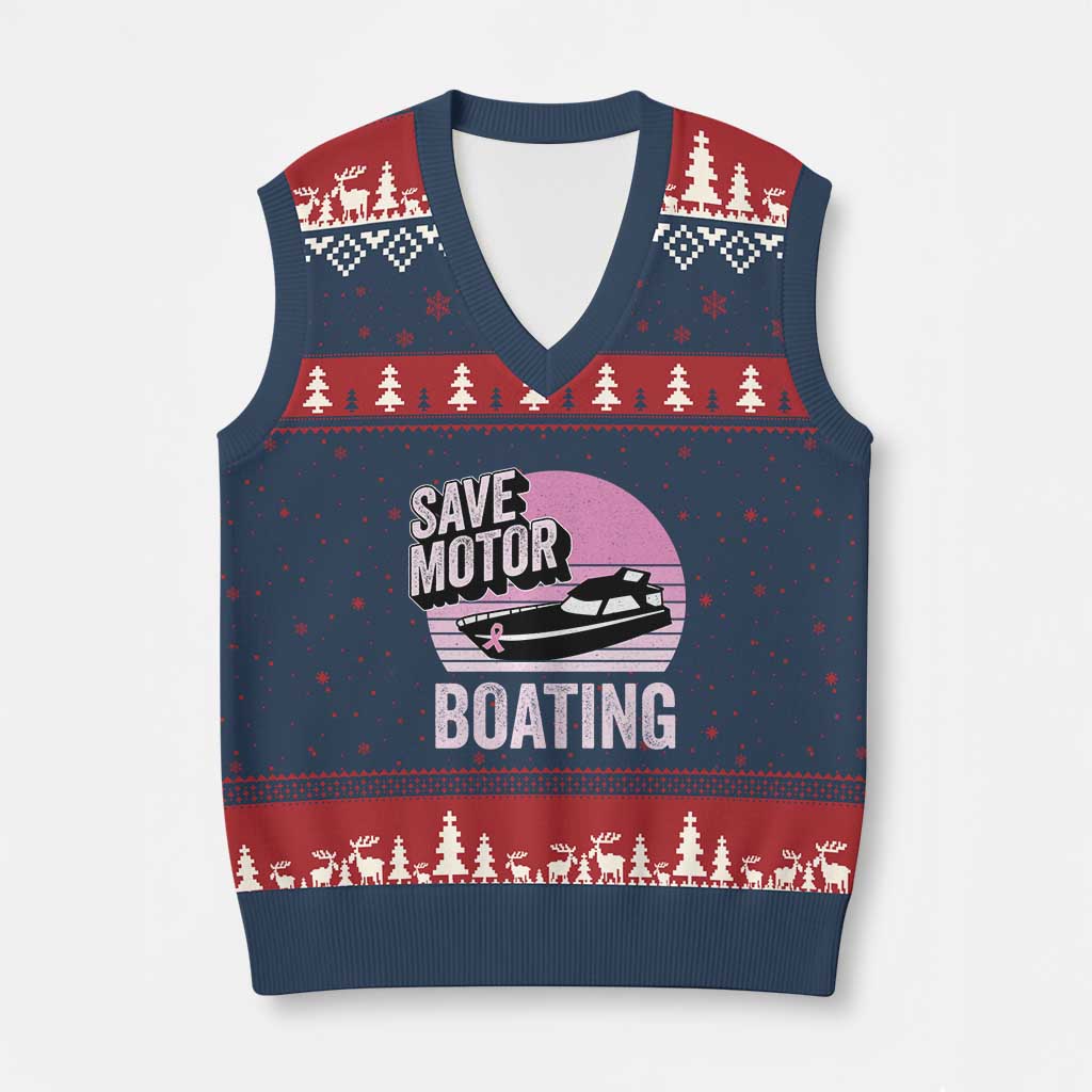 Funny Save Motor Boating V-Neck Knit Sweater Vest Breast Cancer Pink Ribbon - Wonder Print Shop