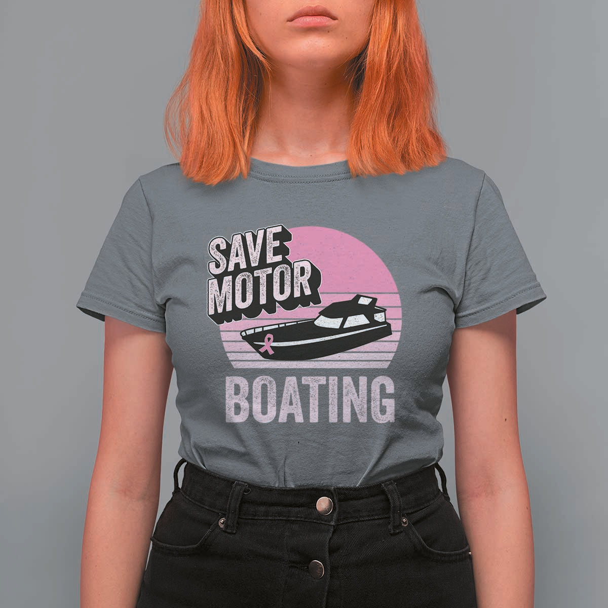 Funny Save Motor Boating T Shirt For Women Breast Cancer Pink Ribbon - Wonder Print Shop