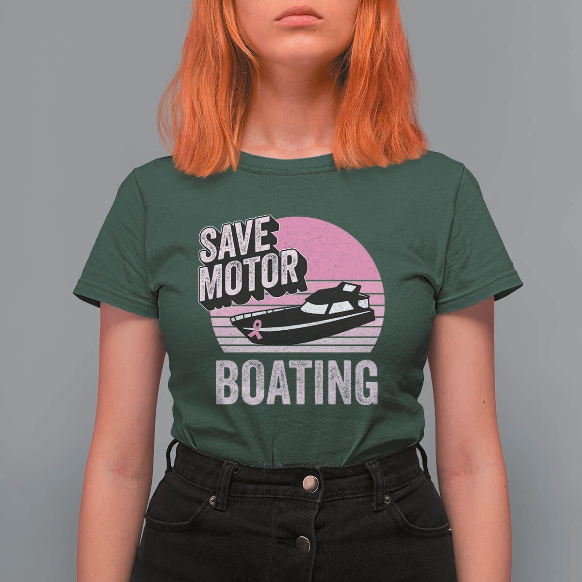 Funny Save Motor Boating T Shirt For Women Breast Cancer Pink Ribbon - Wonder Print Shop