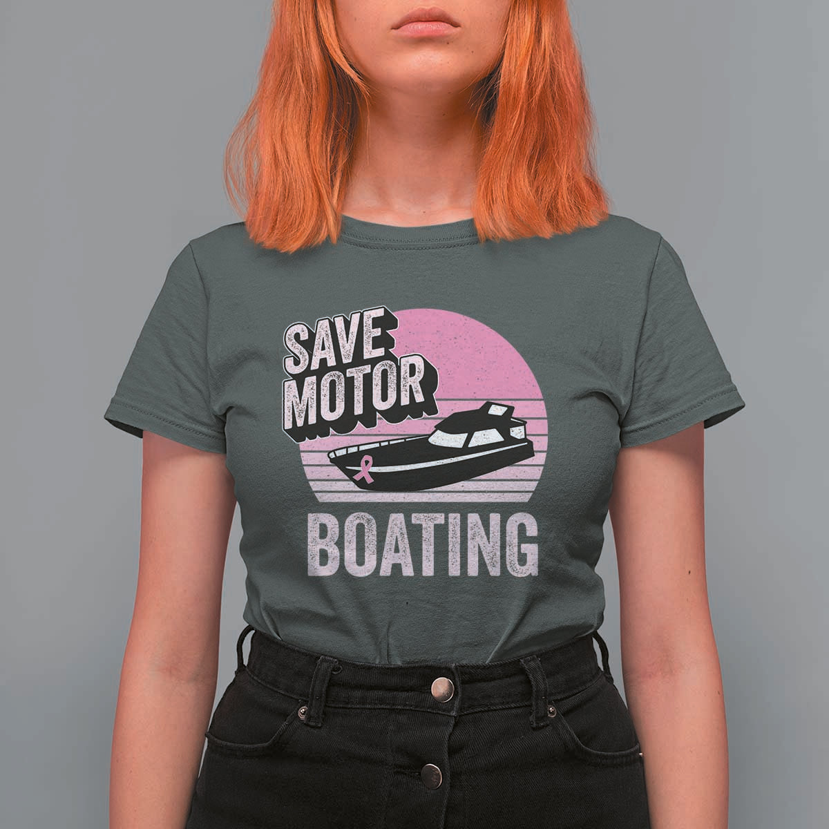 Funny Save Motor Boating T Shirt For Women Breast Cancer Pink Ribbon - Wonder Print Shop