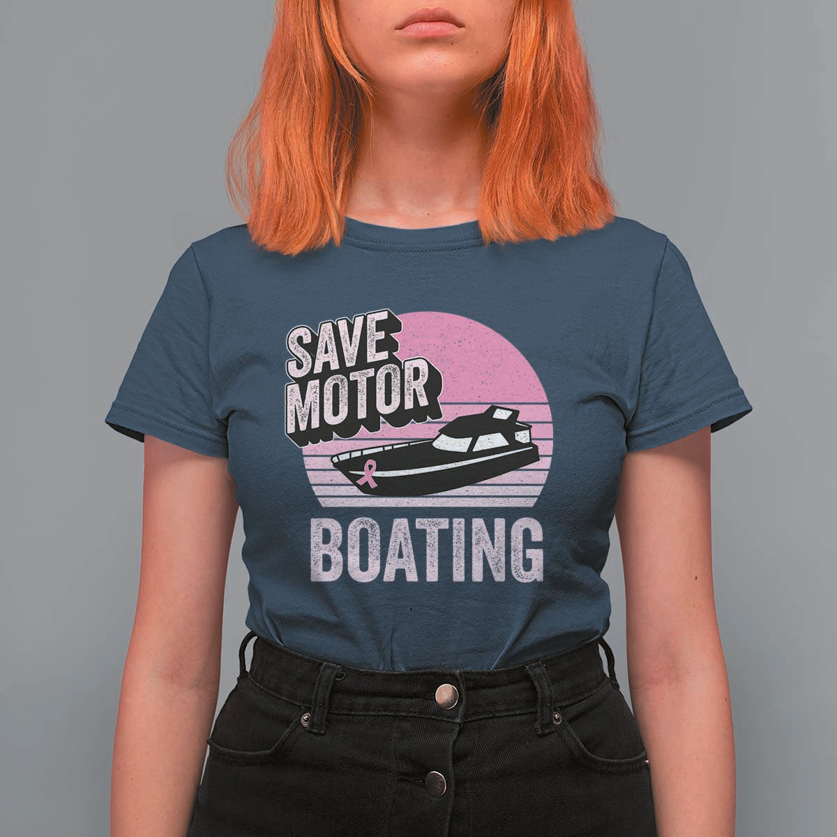 Funny Save Motor Boating T Shirt For Women Breast Cancer Pink Ribbon - Wonder Print Shop