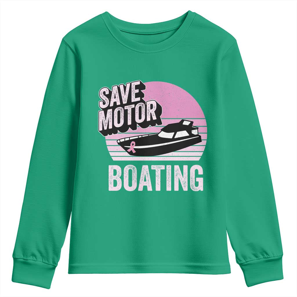 Funny Save Motor Boating Youth Sweatshirt Breast Cancer Pink Ribbon - Wonder Print Shop