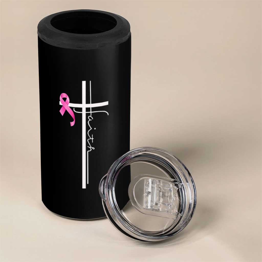 Christian Faith Breast Cancer Awareness 4 in 1 Can Cooler Tumbler Pink Ribbon Christian Cross - Wonder Print Shop