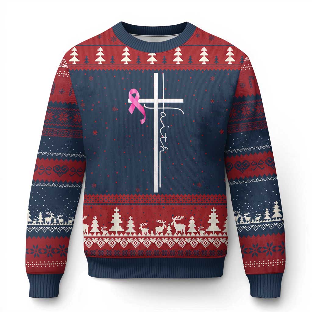 Christian Faith Breast Cancer Awareness Ugly Christmas Sweater Pink Ribbon Christian Cross - Wonder Print Shop