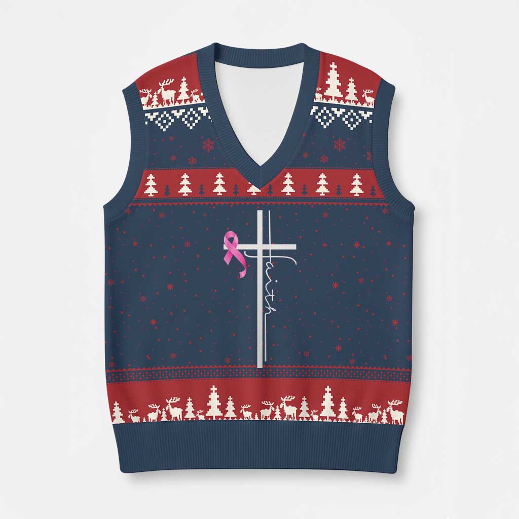 Christian Faith Breast Cancer Awareness V-Neck Knit Sweater Vest Pink Ribbon Christian Cross - Wonder Print Shop