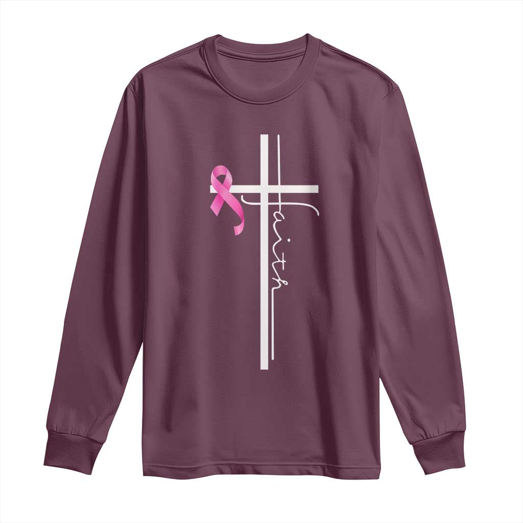 Christian Faith Breast Cancer Awareness Long Sleeve Shirt Pink Ribbon Christian Cross - Wonder Print Shop