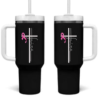 Christian Faith Breast Cancer Awareness Tumbler With Handle Pink Ribbon Christian Cross - Wonder Print Shop