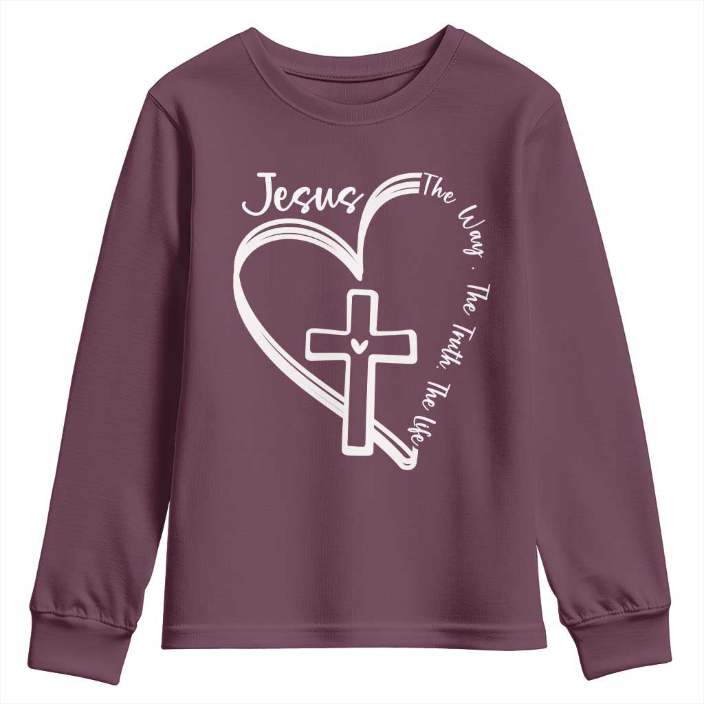 Jesus The Way The Truth The Life Youth Sweatshirt Christian Cross With Heart - Wonder Print Shop
