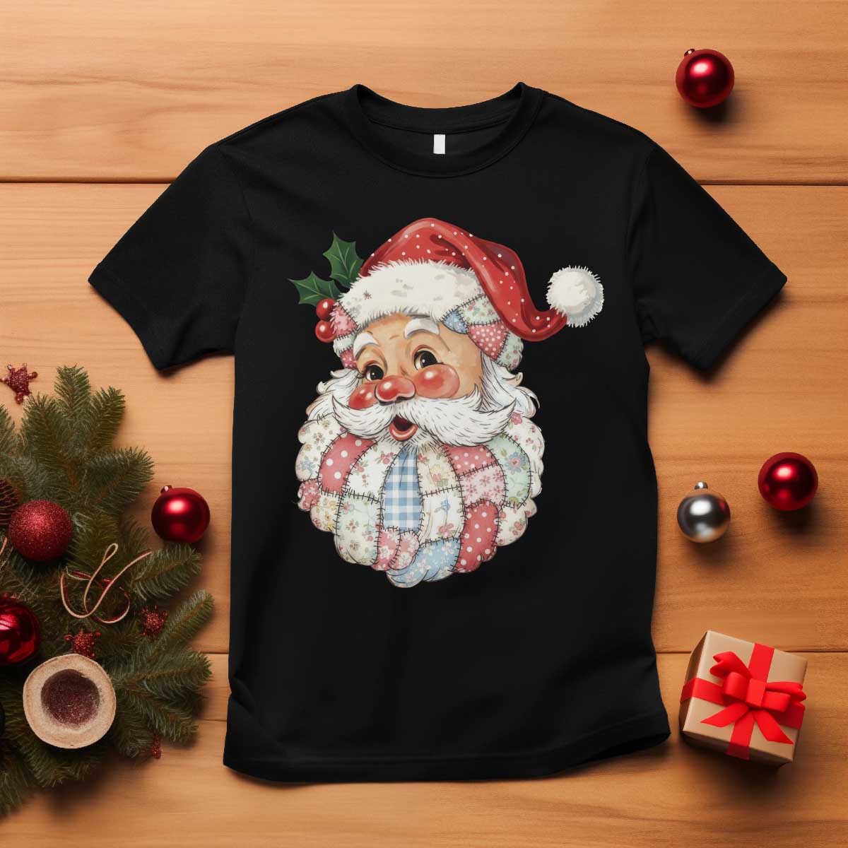 Vintage Retro Patchwork Santa Xmas T Shirt Merry Christmas Holiday - Wonder Print Shop