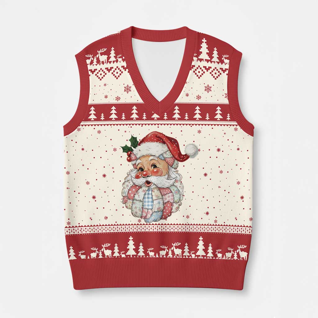 Vintage Retro Patchwork Santa Xmas V-Neck Knit Sweater Vest Merry Xmas Holiday - Wonder Print Shop