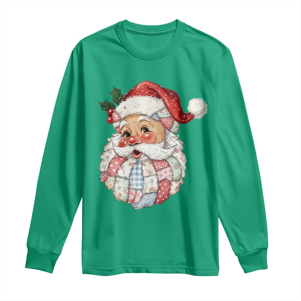 Vintage Retro Patchwork Santa Xmas Long Sleeve Shirt Merry Christmas Holiday - Wonder Print Shop