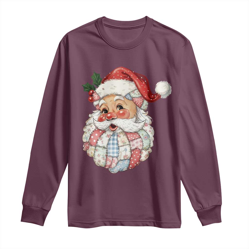 Vintage Retro Patchwork Santa Xmas Long Sleeve Shirt Merry Christmas Holiday - Wonder Print Shop