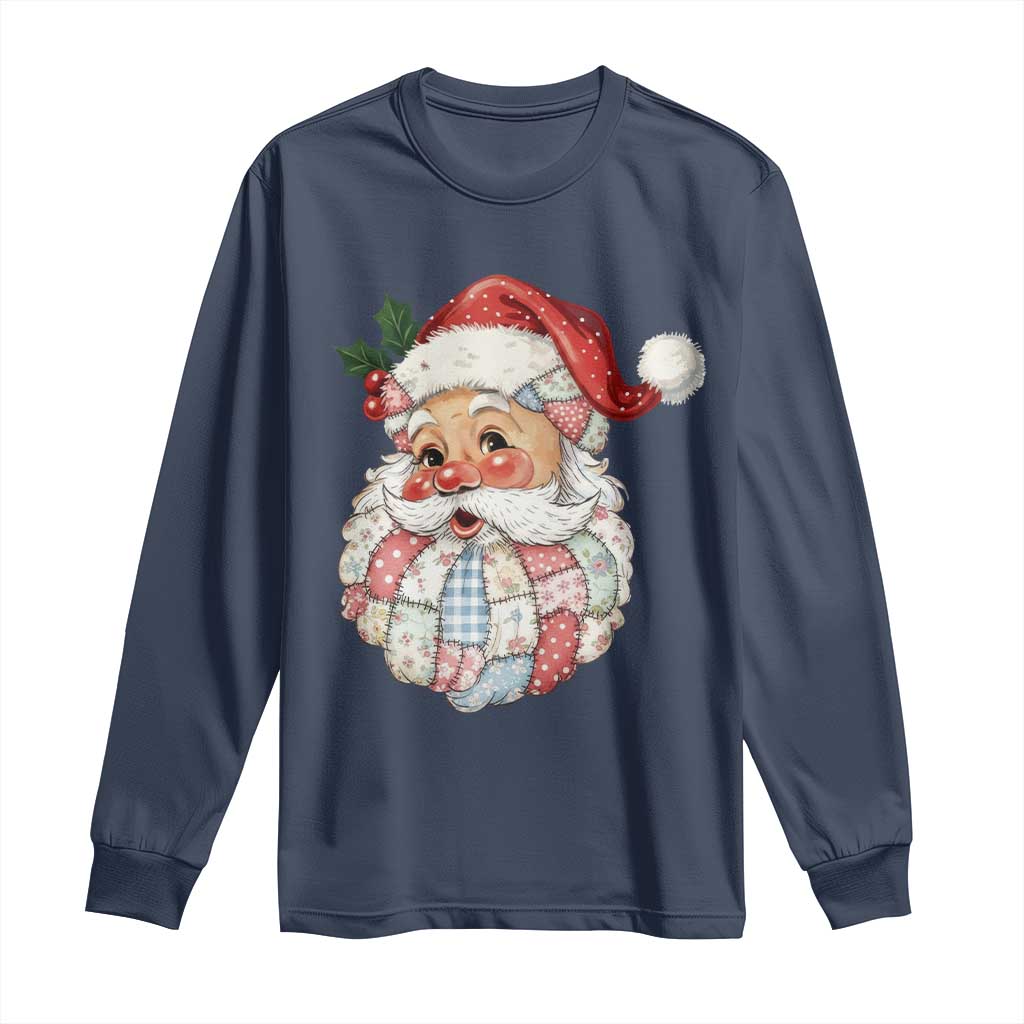 Vintage Retro Patchwork Santa Xmas Long Sleeve Shirt Merry Christmas Holiday - Wonder Print Shop