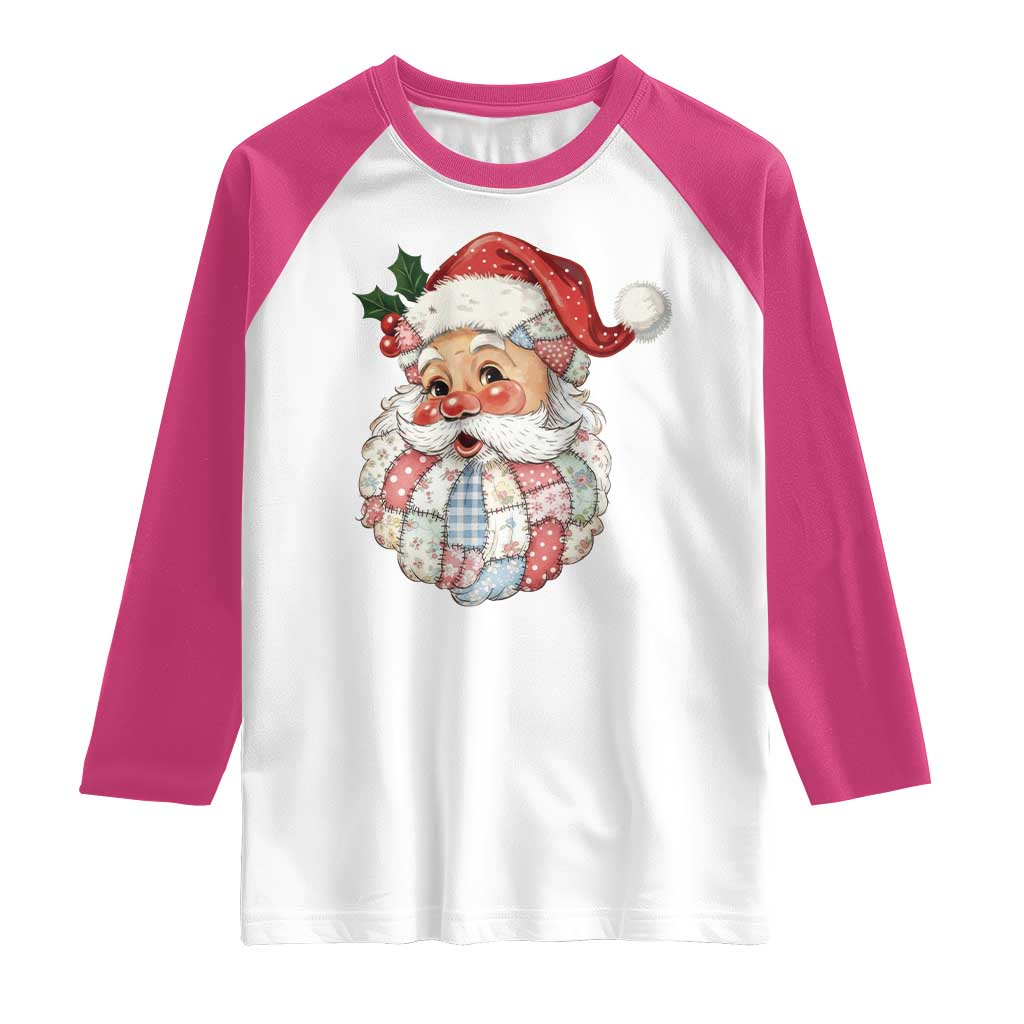 Vintage Retro Patchwork Santa Xmas Raglan Shirt Merry Christmas Holiday - Wonder Print Shop