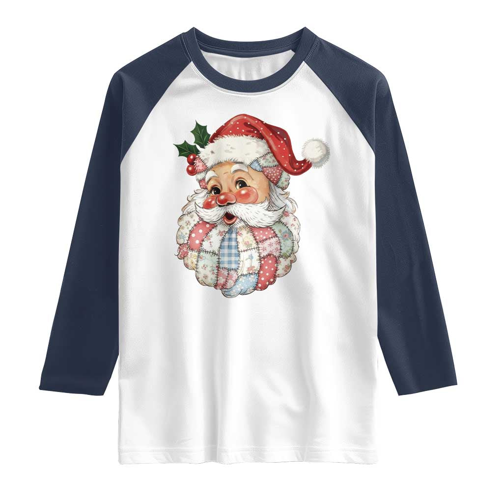 Vintage Retro Patchwork Santa Xmas Raglan Shirt Merry Christmas Holiday - Wonder Print Shop
