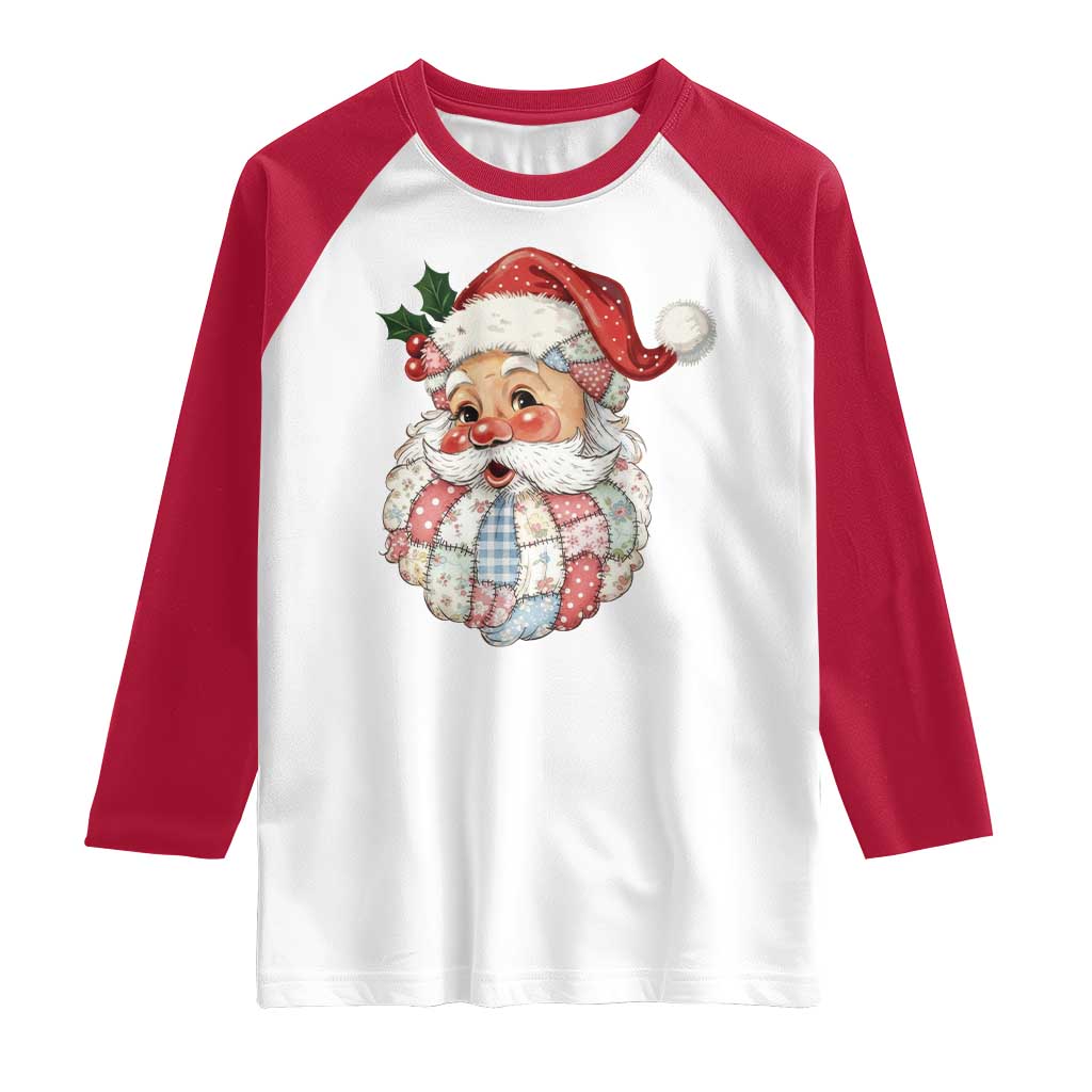 Vintage Retro Patchwork Santa Xmas Raglan Shirt Merry Christmas Holiday - Wonder Print Shop