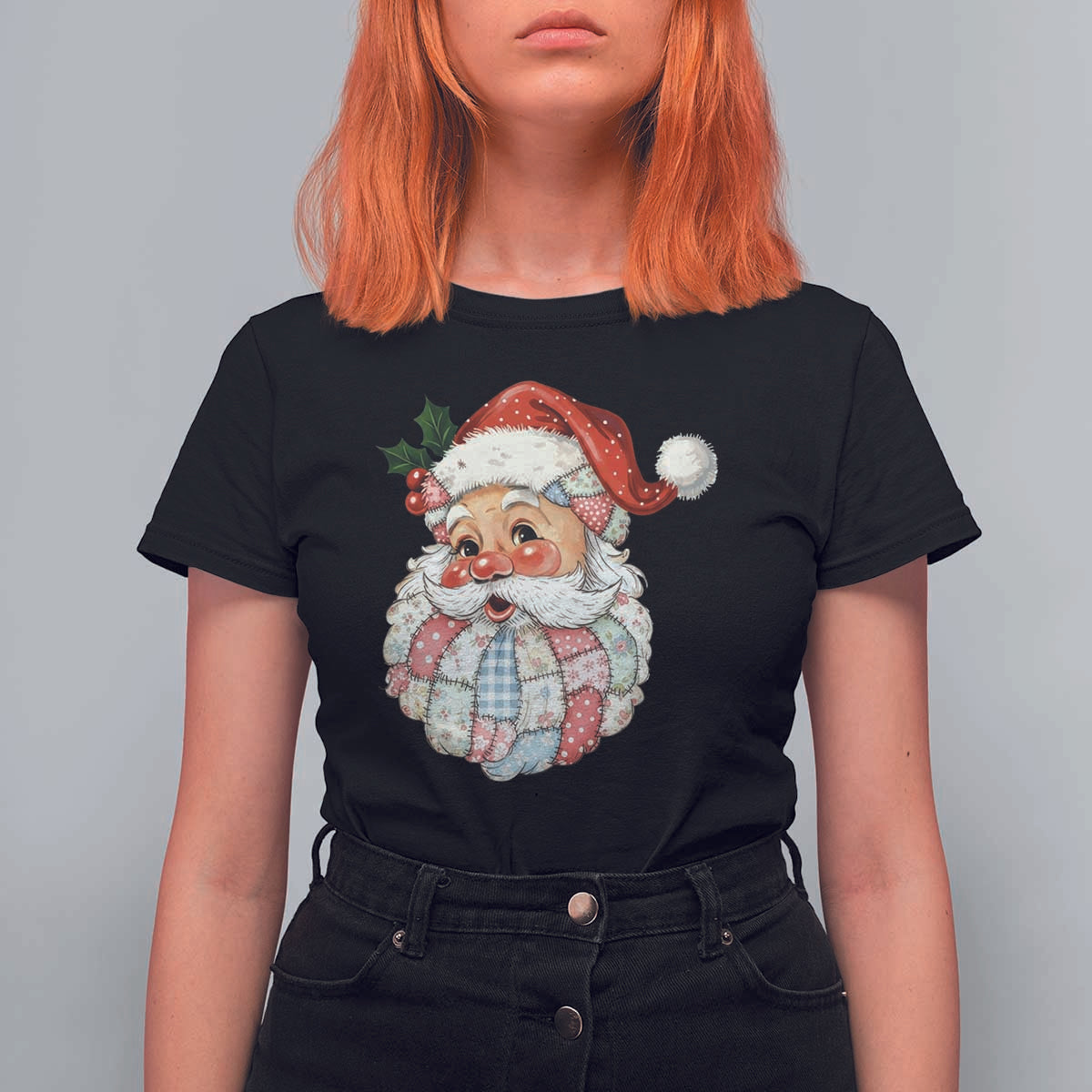 Vintage Retro Patchwork Santa Xmas T Shirt For Women Merry Christmas Holiday - Wonder Print Shop