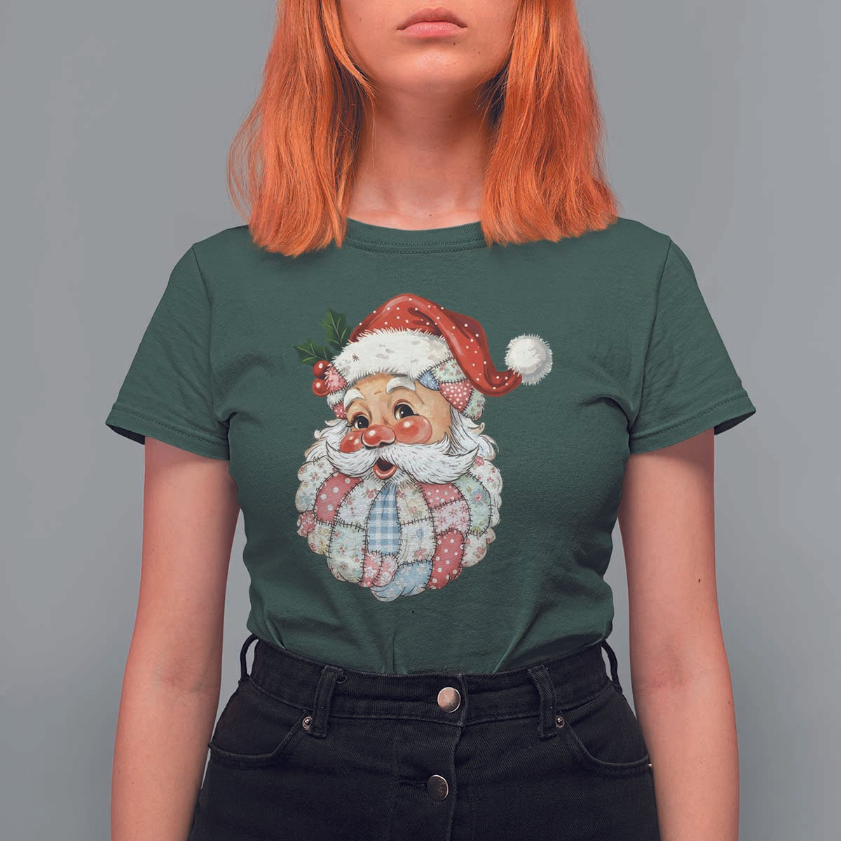 Vintage Retro Patchwork Santa Xmas T Shirt For Women Merry Christmas Holiday - Wonder Print Shop