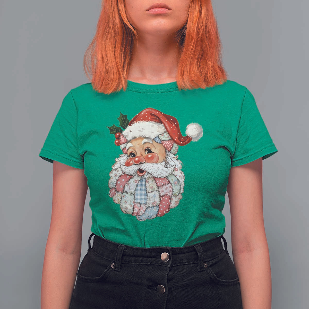 Vintage Retro Patchwork Santa Xmas T Shirt For Women Merry Christmas Holiday - Wonder Print Shop
