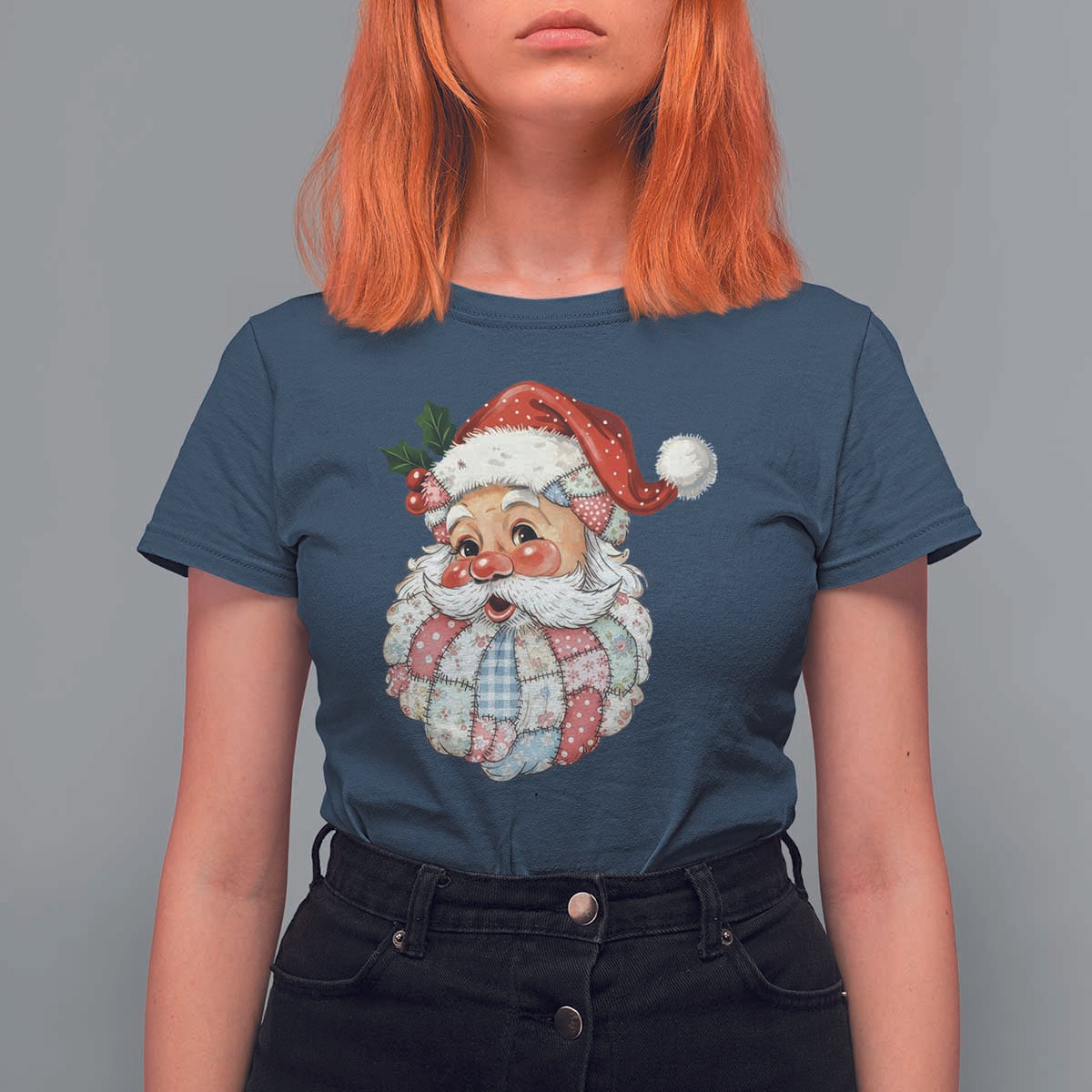 Vintage Retro Patchwork Santa Xmas T Shirt For Women Merry Christmas Holiday - Wonder Print Shop