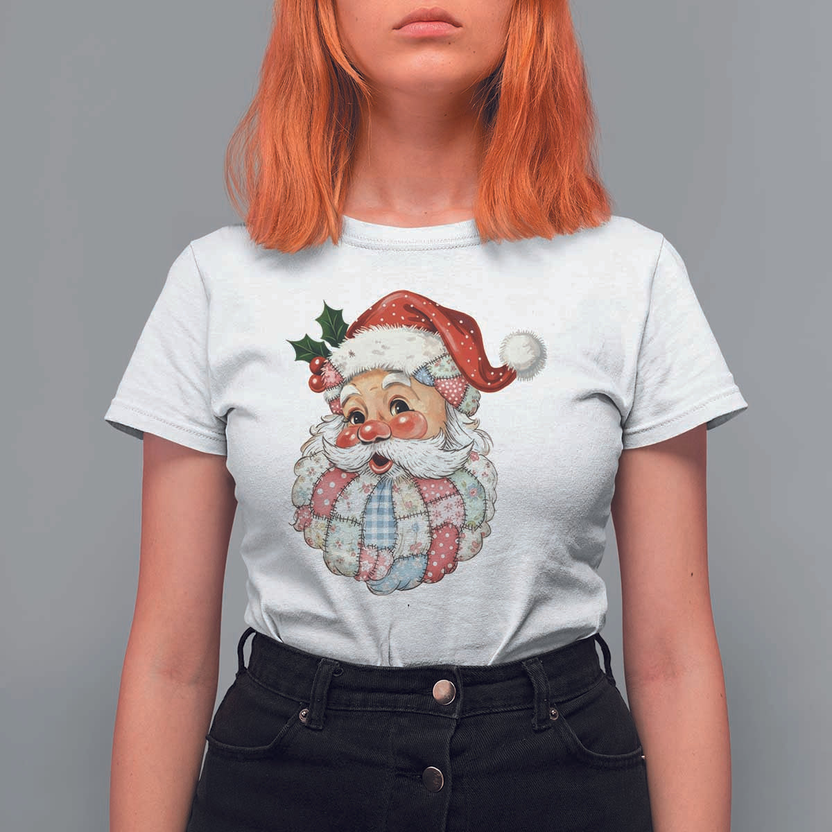 Vintage Retro Patchwork Santa Xmas T Shirt For Women Merry Christmas Holiday - Wonder Print Shop