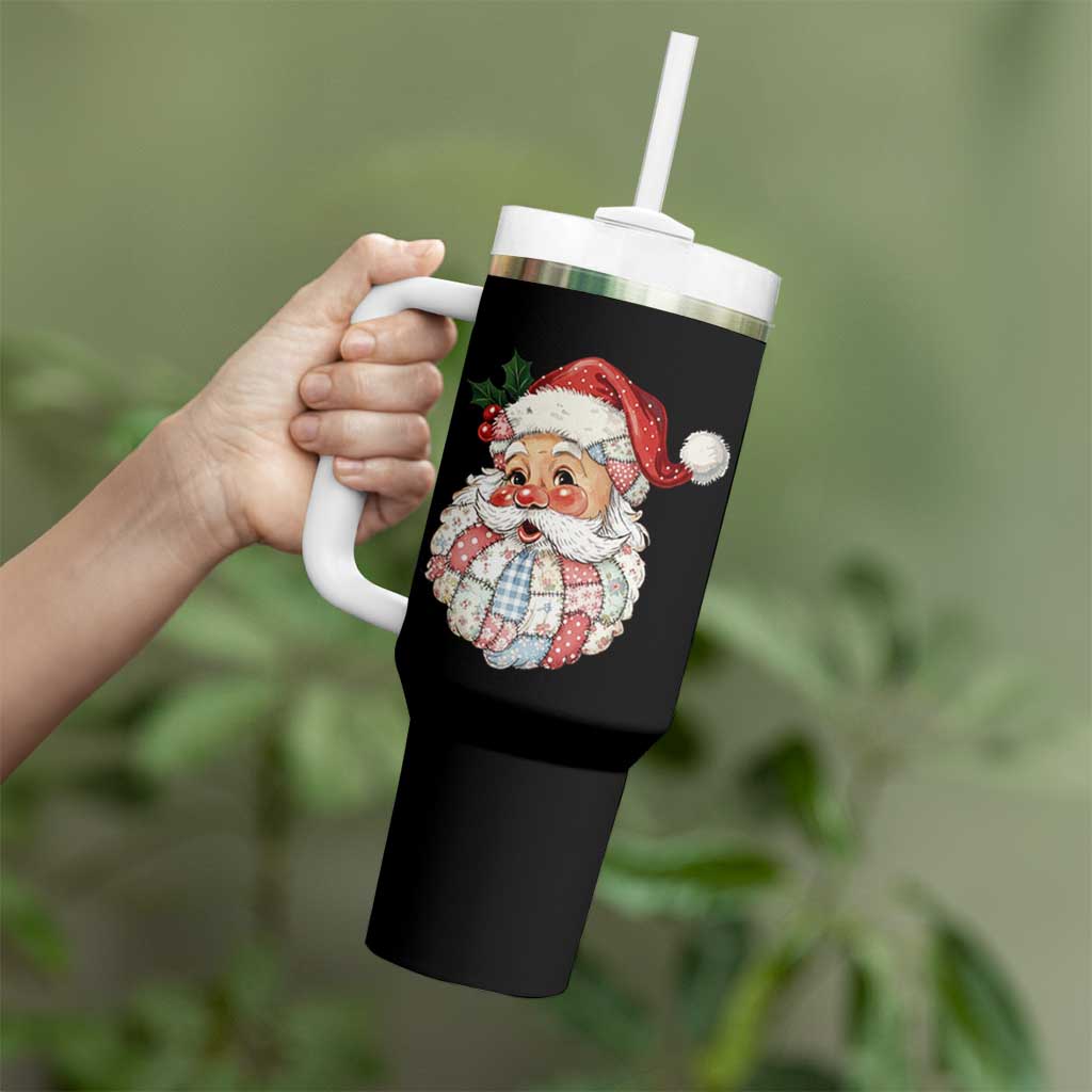 Vintage Retro Patchwork Santa Xmas Tumbler With Handle Merry Christmas Holiday - Wonder Print Shop