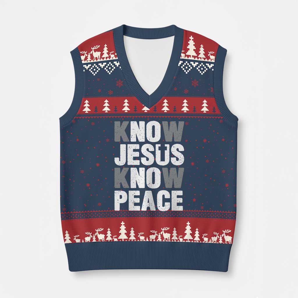Christian Know Jesus Know Peace V-Neck Knit Sweater Vest Religion God Church Bible - Wonder Print Shop