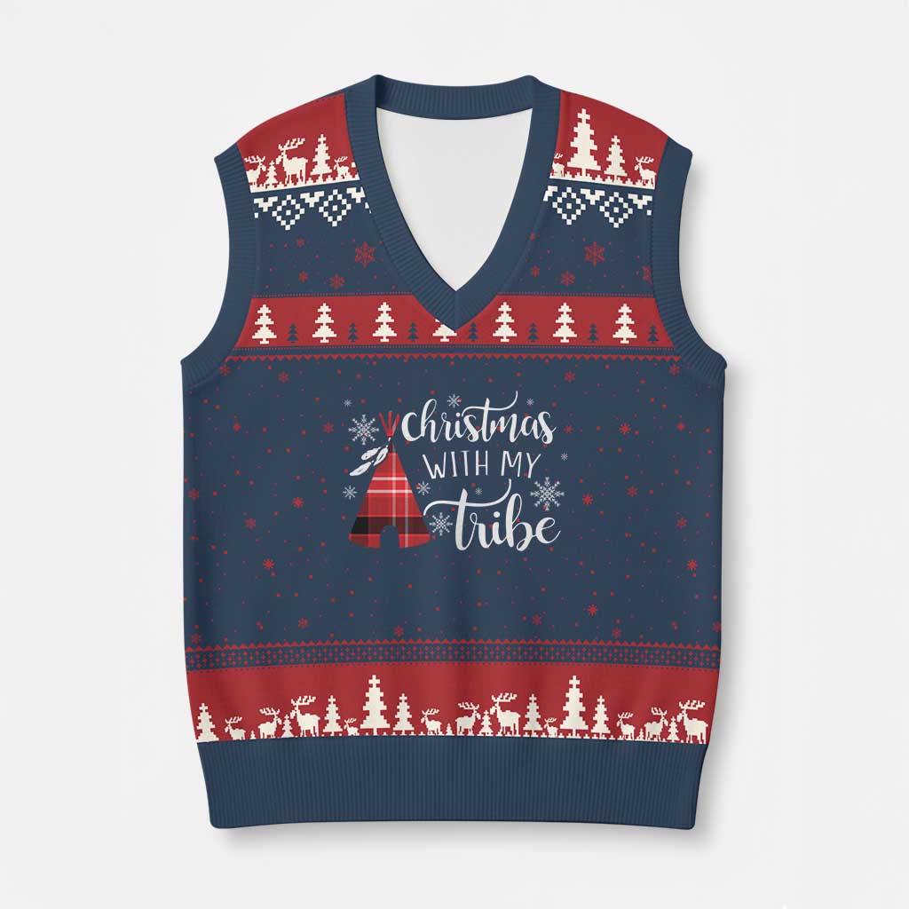 Funny Xmas Native American V-Neck Knit Sweater Vest Xmas With My Tribes - Wonder Print Shop