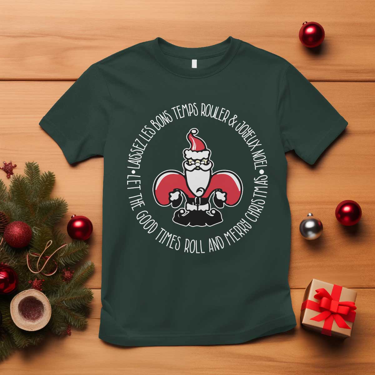 Funny Cajun Louisiana Christmas T Shirt Laissez Les Bons Temps Rouler & Joyeux Merry Christmas Santa Saint Symbol - Wonder Print Shop