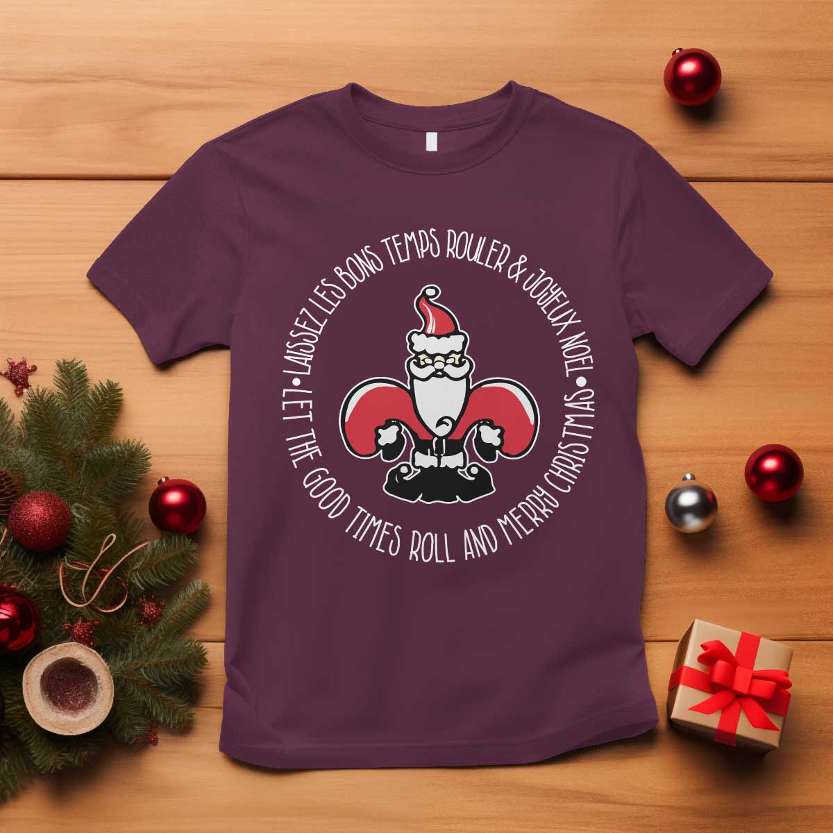 Funny Cajun Louisiana Christmas T Shirt Laissez Les Bons Temps Rouler & Joyeux Merry Christmas Santa Saint Symbol - Wonder Print Shop