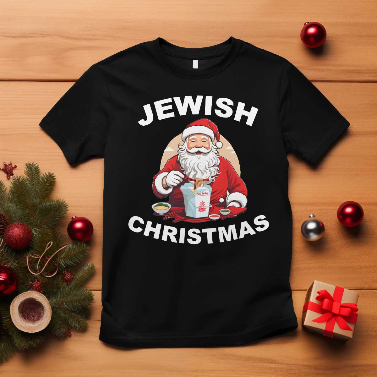 Funny Jewish Christmas T Shirt Santa Is Eating Chinese Food Hanukkah Hebrew - Wonder Print Shop