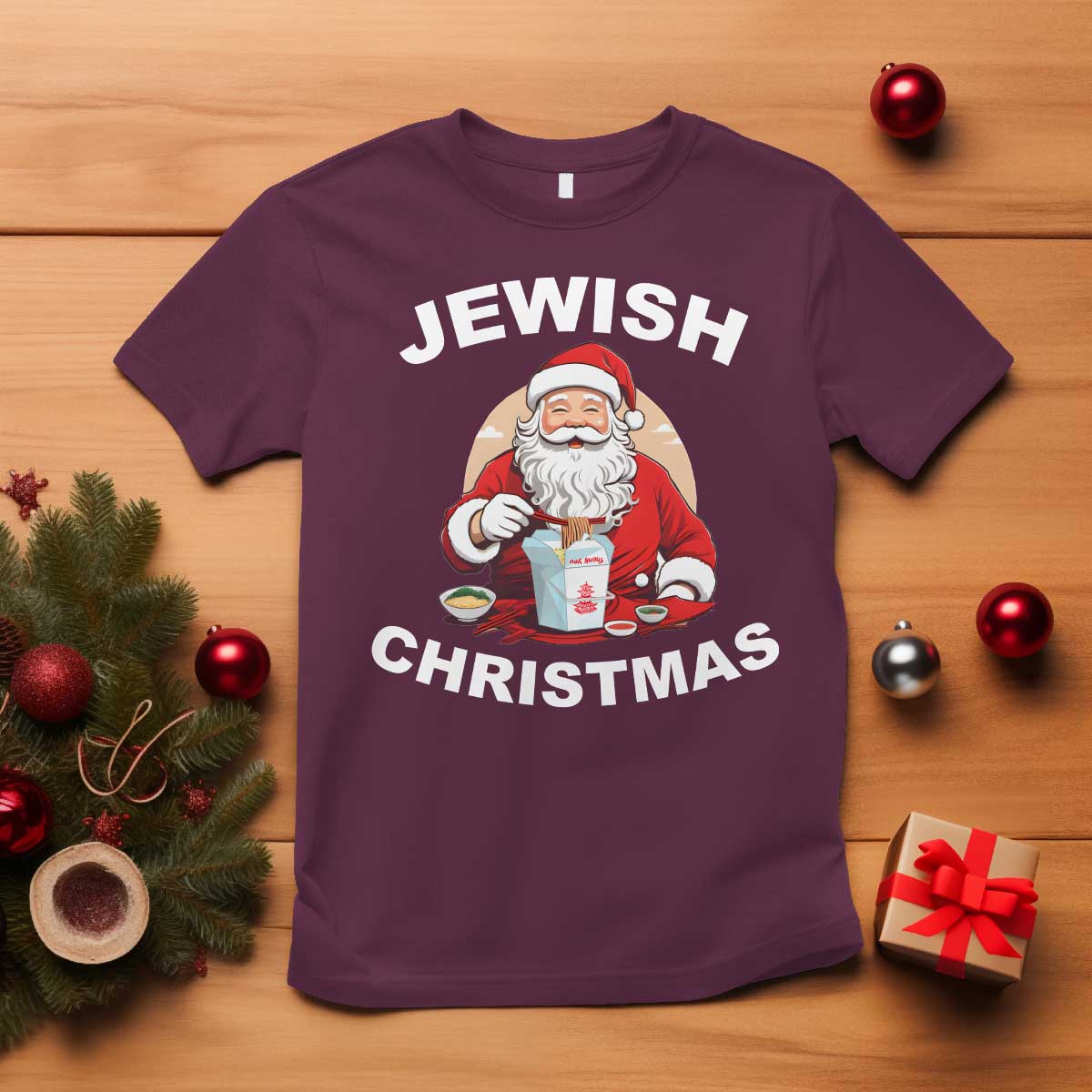 Funny Jewish Christmas T Shirt Santa Is Eating Chinese Food Hanukkah Hebrew - Wonder Print Shop