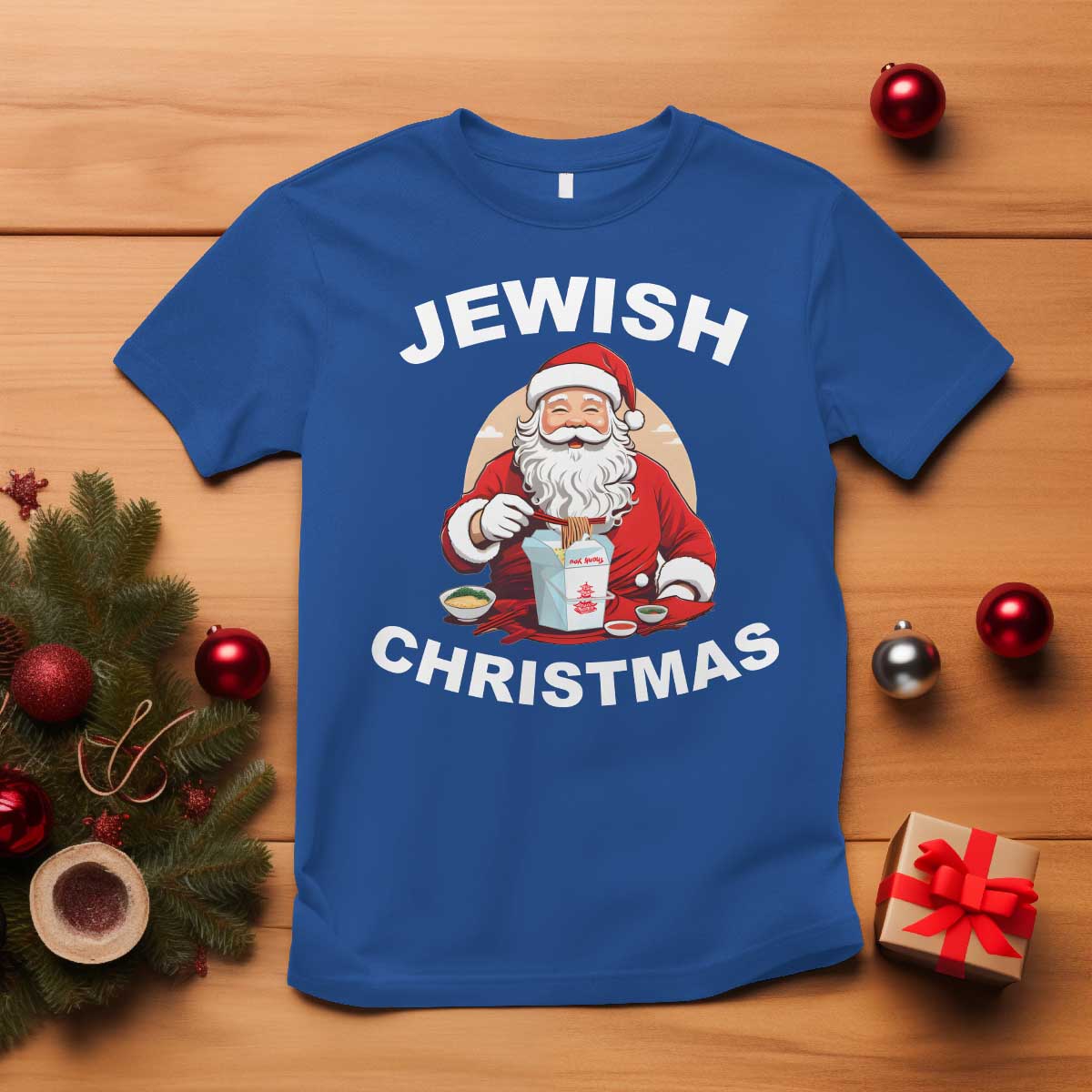 Funny Jewish Christmas T Shirt Santa Is Eating Chinese Food Hanukkah Hebrew - Wonder Print Shop