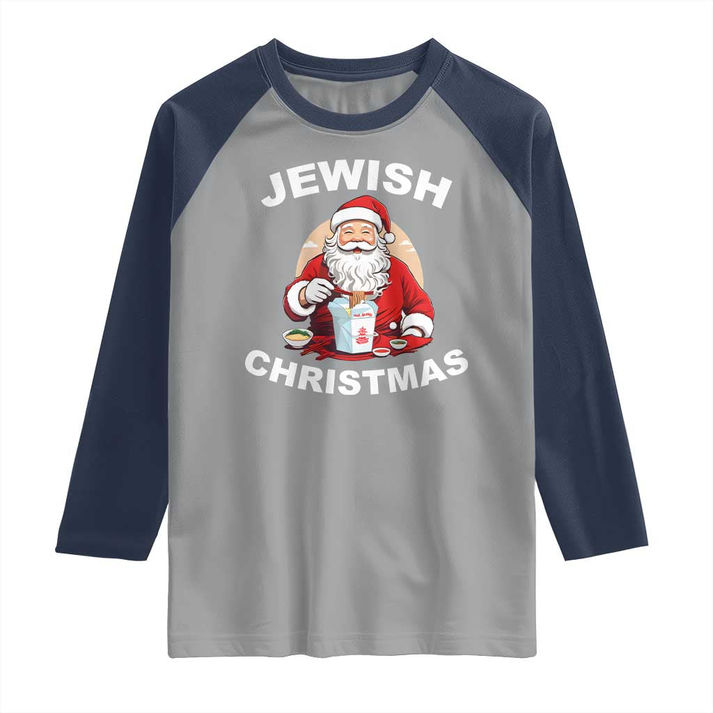 Funny Jewish Christmas Raglan Shirt Santa Is Eating Chinese Food Hanukkah Hebrew - Wonder Print Shop