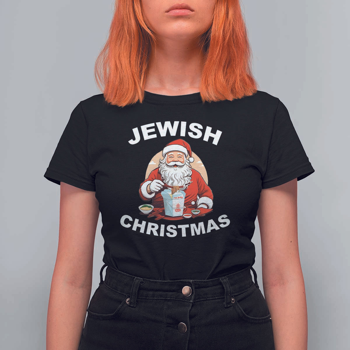 Funny Jewish Christmas T Shirt For Women Santa Is Eating Chinese Food Hanukkah Hebrew - Wonder Print Shop