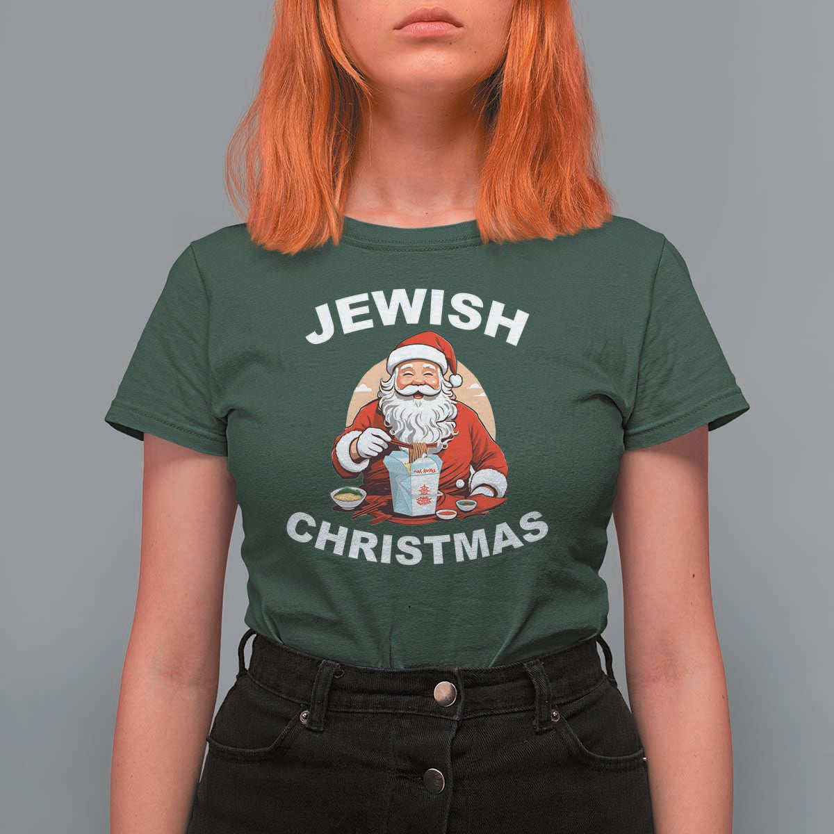 Funny Jewish Christmas T Shirt For Women Santa Is Eating Chinese Food Hanukkah Hebrew - Wonder Print Shop