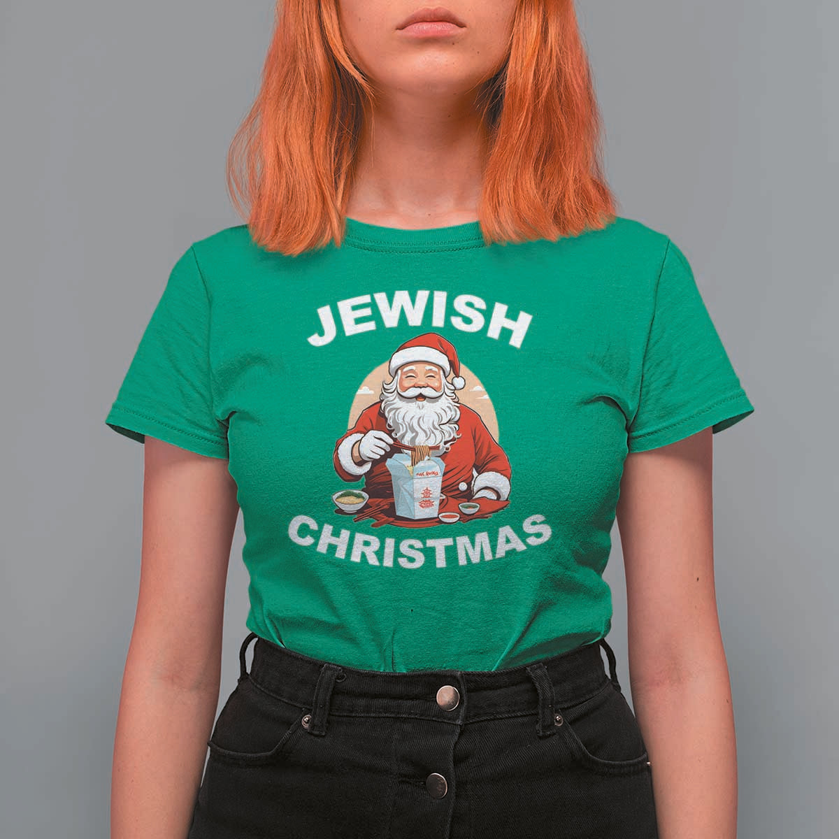 Funny Jewish Christmas T Shirt For Women Santa Is Eating Chinese Food Hanukkah Hebrew - Wonder Print Shop