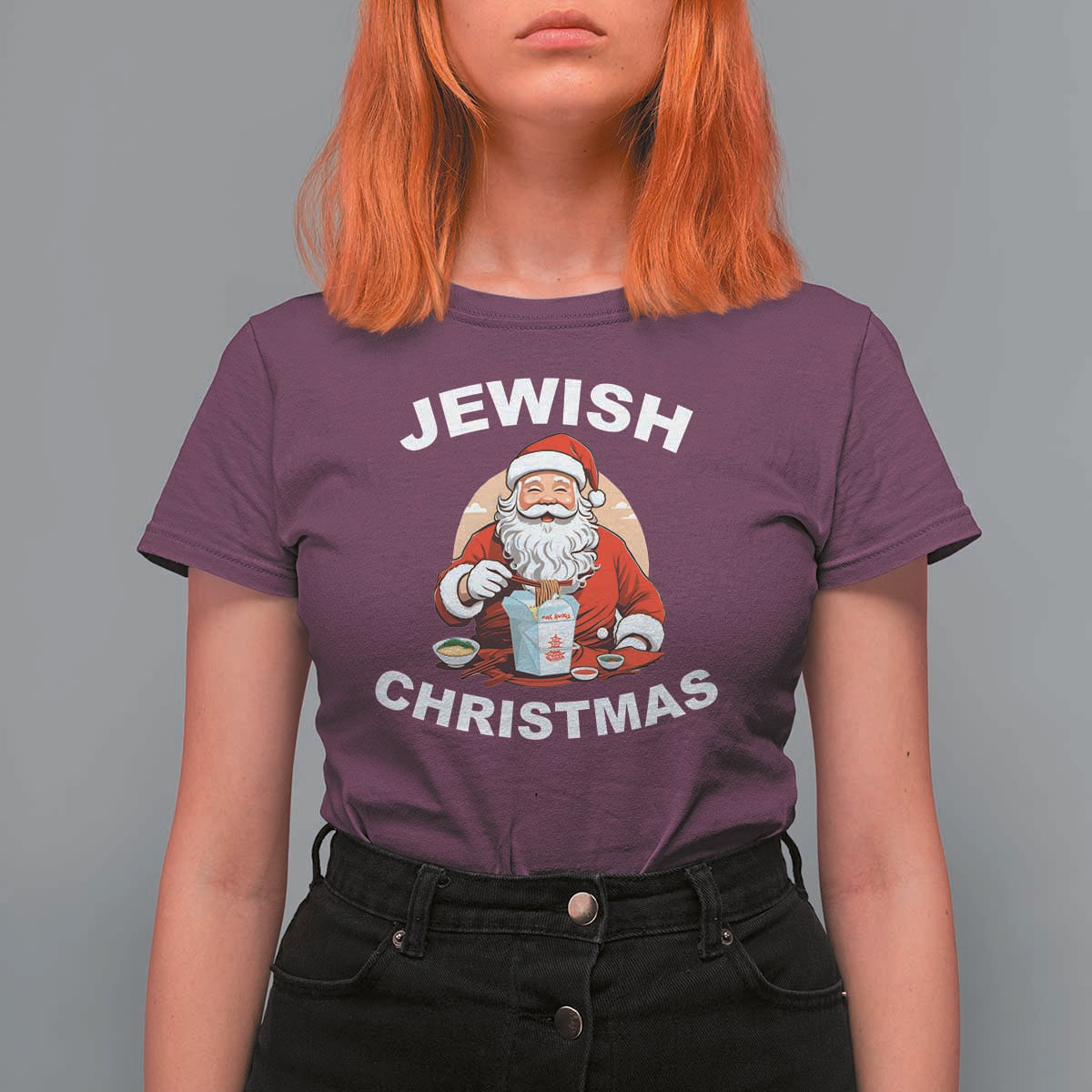Funny Jewish Christmas T Shirt For Women Santa Is Eating Chinese Food Hanukkah Hebrew - Wonder Print Shop
