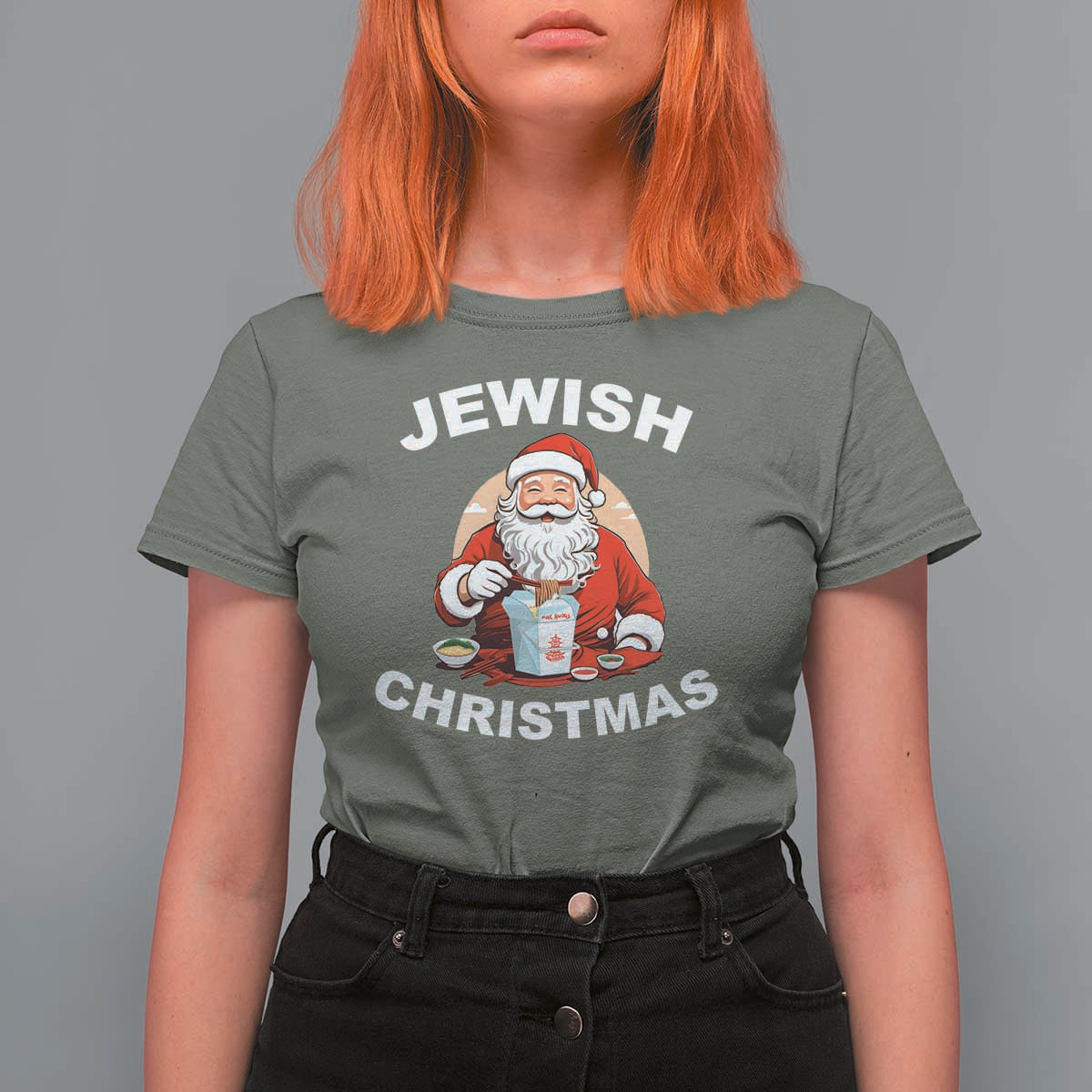 Funny Jewish Christmas T Shirt For Women Santa Is Eating Chinese Food Hanukkah Hebrew - Wonder Print Shop