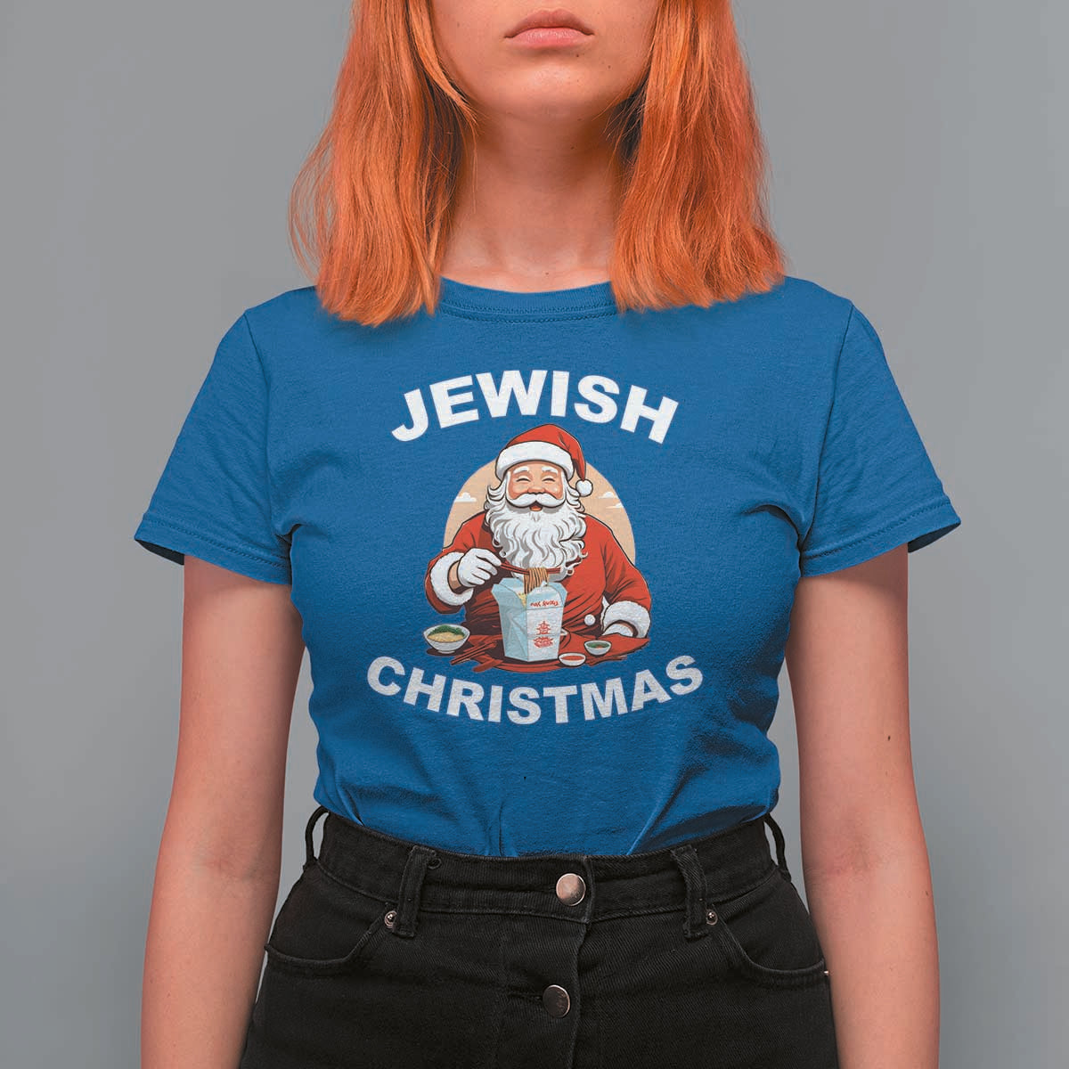 Funny Jewish Christmas T Shirt For Women Santa Is Eating Chinese Food Hanukkah Hebrew - Wonder Print Shop