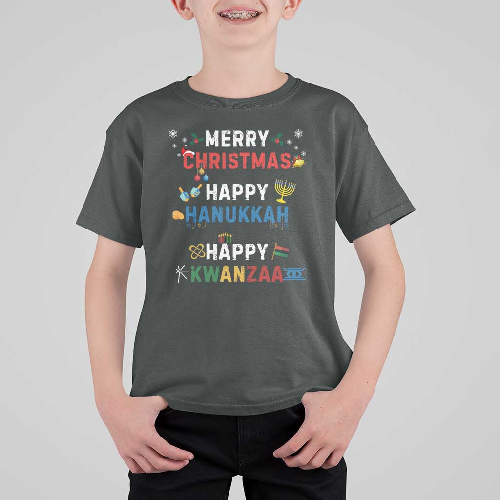 Funny Merry Christmas Happy Hanukkah Happy Kwanzaa Holiday T Shirt For Kid - Wonder Print Shop